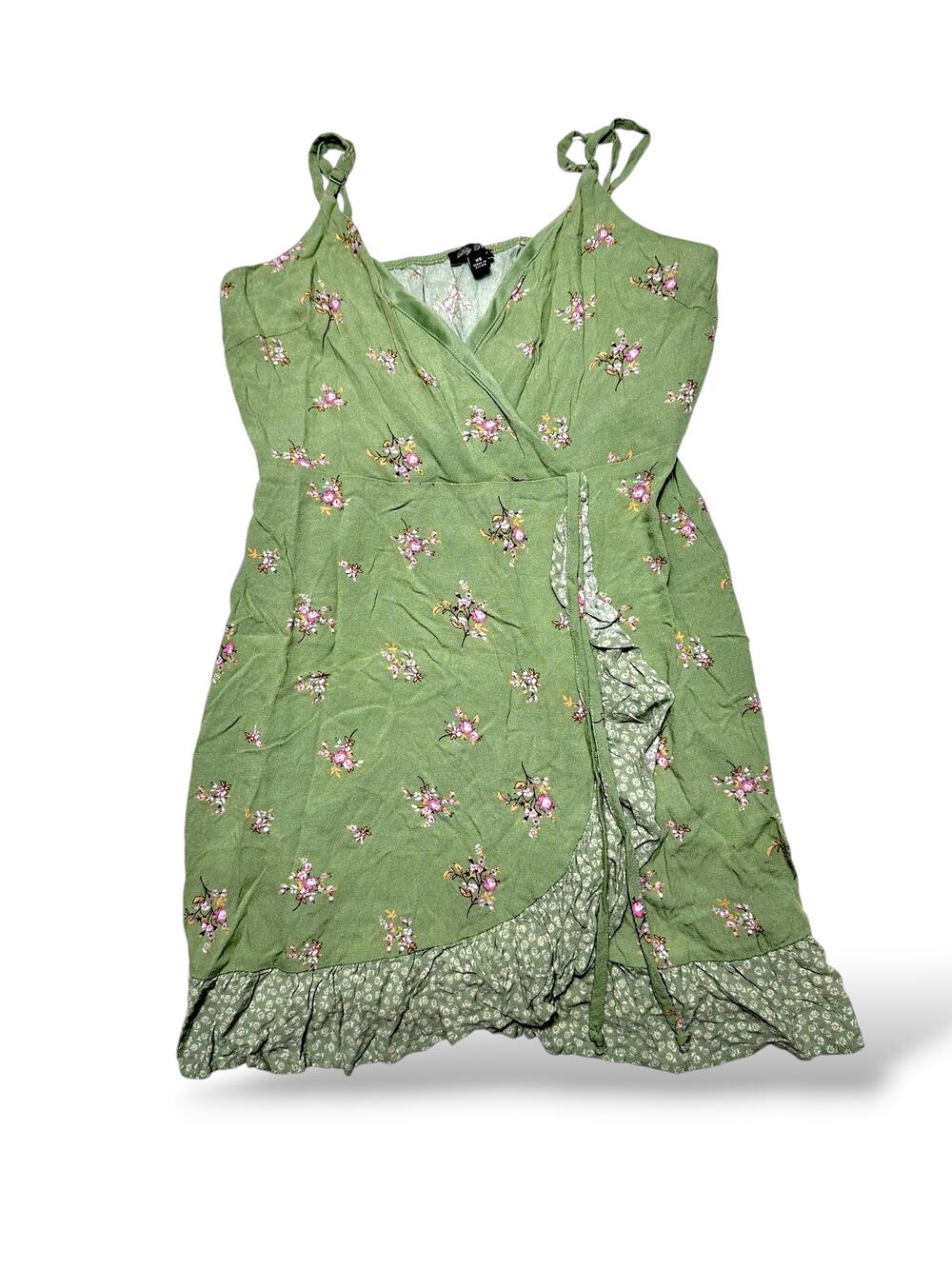 Lily Rose Sage Green Ditsy Floral Wrap Ruffle Mini Dress Size XS